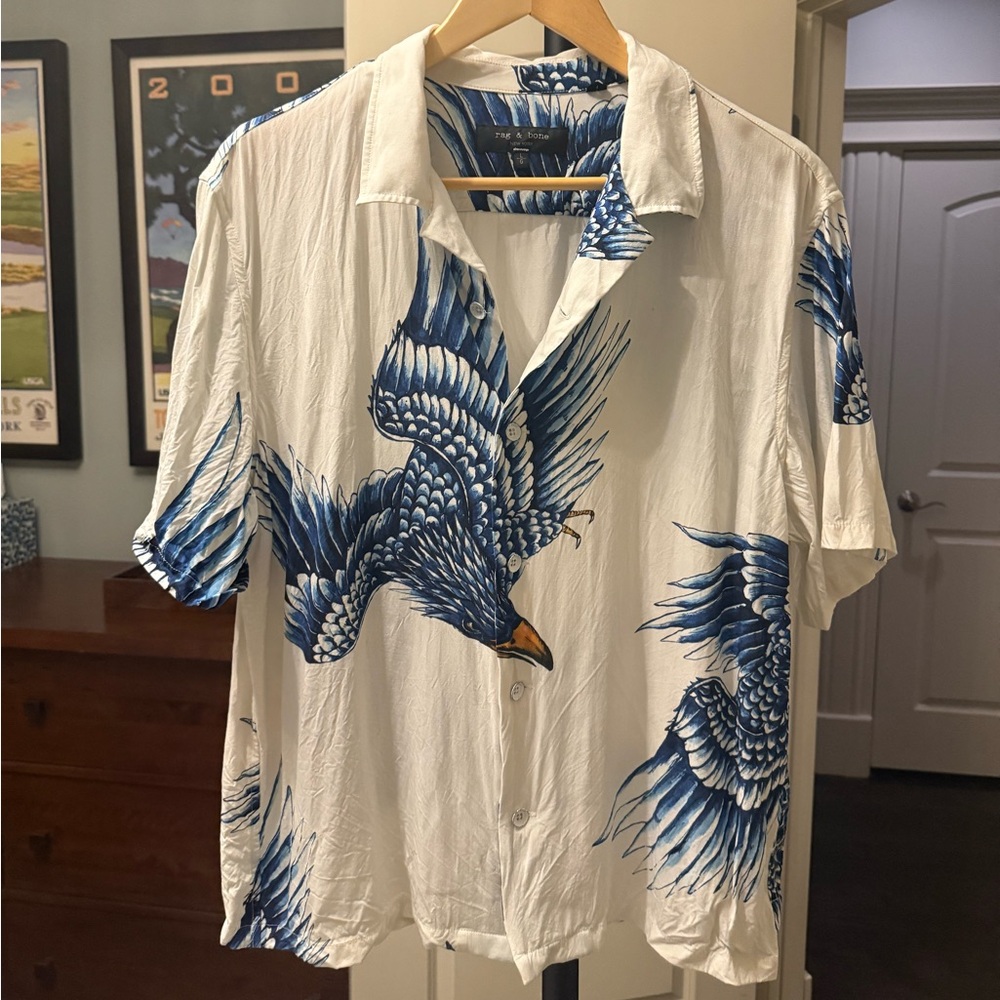 Rag & Bone  short sleeve button down, bird print, size Large